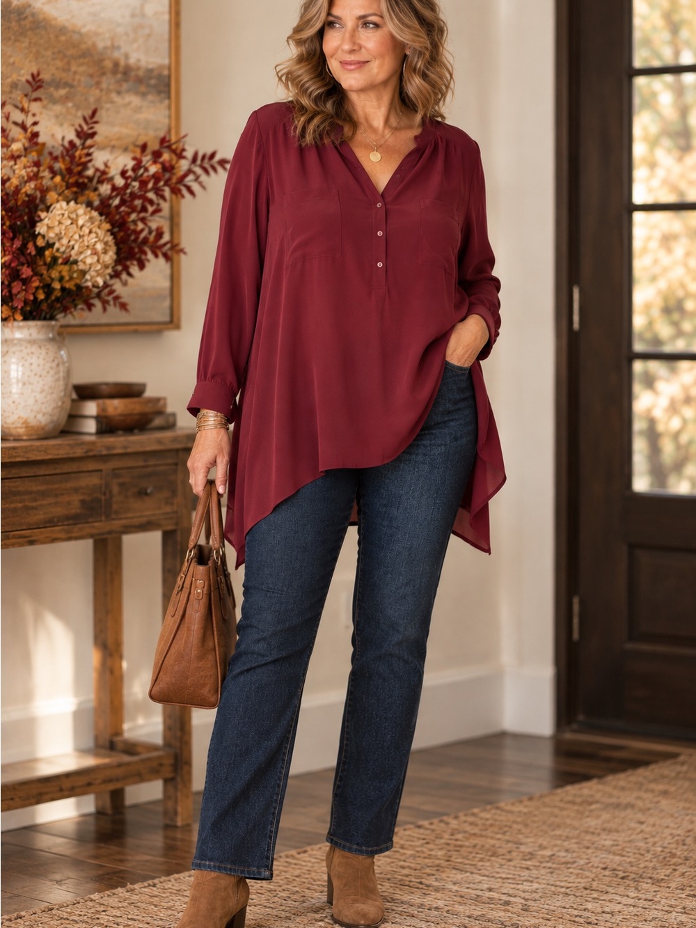 Eileen Fisher Silk Tunic Blouse XL Burgundy Wine Asymmetrical Hem Long Sleeve